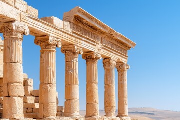 Fototapeta premium Ancient columns stand against a bright blue sky, showcasing classical architecture and historical elegance.