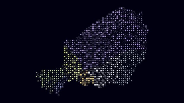 Niger animated country shape. Pulsating colored dots on the map of the country. Small size square blocks. Digital style Niger map on dark background. Simple animation video.