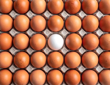 Top-down shot of carton filled with brown eggs, one white egg prominently positioned amidst them, in a grid pattern