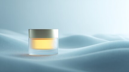 Glowing cosmetic jar over soft dreamy waves in abstract landscape