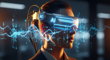 A person wearing futuristic AI-powered virtual reality glasses with glowing data visualizations and brainwave patterns.