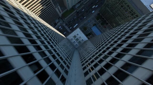 Down The Place Ville Marie Iconic Skyscraper And Urban Complex In Downtown Montreal, Quebec, Canada. FPV Shot