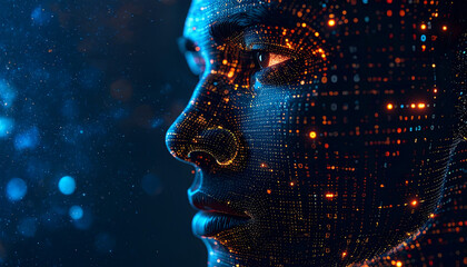 Futuristic human face with glowing mesh of orange and blue dots, symbolizing AI, digital identity, and cybernetic technology in a dark, high-tech setting.