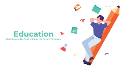 Happy student celebrating learning success. Modern education background for e-learning, knowledge, and creativity themes.