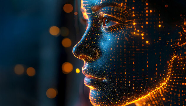 Futuristic female face made of glowing mesh and particles, illuminated in orange and blue, symbolizing AI, cybernetics, and digital identity.
