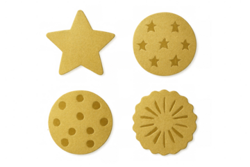 Golden dalgona sugar candy cutouts in star, circle, and patterned shapes on transparent background