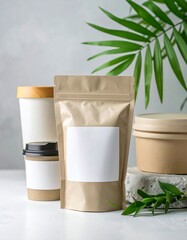Eco-friendly packaging mockups and greens.