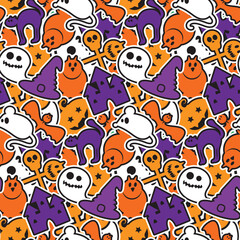 Spooky Celebration A Halloween Seamless Pattern with Ghosts, Cats, and Witch Hats for Festive Backgrounds and Designs