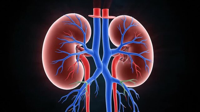 Adrenal Glands and Kidneys with Veins and Arteries in Detailed Red and Blue on Black Background Showing Human Anatomy for Medical Explanation and Scientific Study Visualization around 200 chars