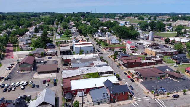 Aerial View of Sugarcreek Ohio Showing Small Town Streets and Surrounding Fields