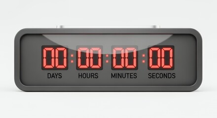 Digital countdown timer with red LED display showing zero days, hours, minutes, and seconds.