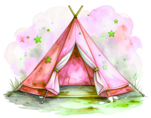 Blue Starry Tent with Open Flaps, Watercolor Illustration, Isolated