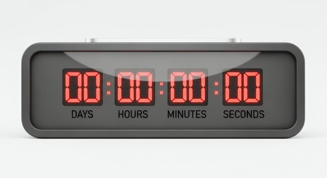 Digital countdown timer with red LED display showing zero days, hours, minutes, and seconds. - Powered by Adobe