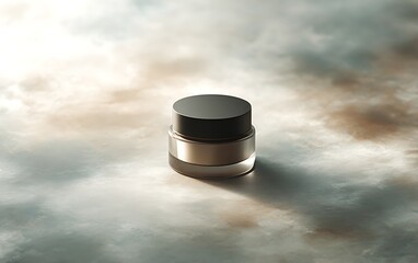Glowing cream jar resting on cloudy blend of soft abstract textures
