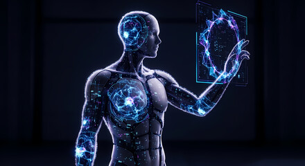 Futuristic humanoid robot interacting with holographic interface.