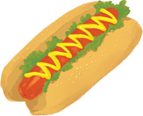 Hot Dog with Mustard and Lettuce - game day snack - Semi Realistic Food Illustration 