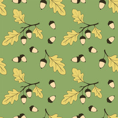 Autumn oak acorns, green pattern with oak branches and acorn nuts. 