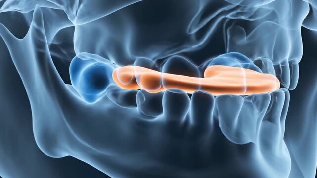 3D rendering of the human jaw and temporomandibular joint TMJ in an xray view highlighting the complex anatomy and movement of the mandible and maxilla.