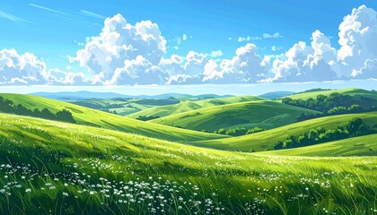 Obraz premium abstract Summer Hilly Landscape With Meadows Plants, Blue Sky And Clouds