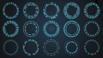 A collection of fifteen circular hud elements in shades of blue against a dark background in a grid layout