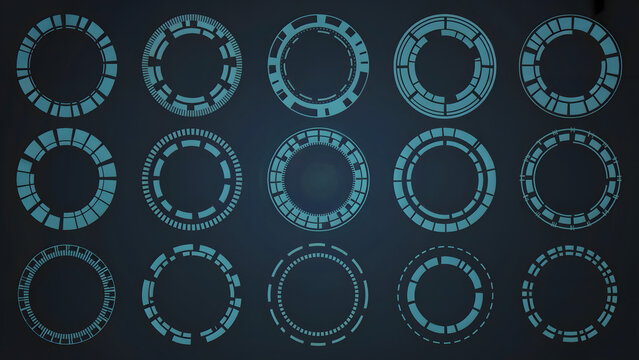 A collection of fifteen circular hud elements in shades of blue against a dark background in a grid layout