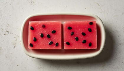 Translucent watermelon scented soap in soap dish.
