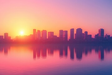 Obraz premium Beautiful sunset over skyline with reflections in water showcasing urban landscape and serene beauty.