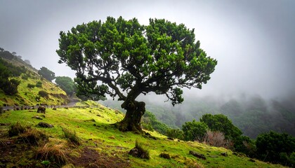 Lone, gnarled tree on a misty hillside with a road winding past
