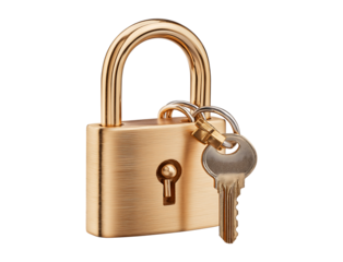 Shiny Brass Padlock and Key isolated on a transparent background