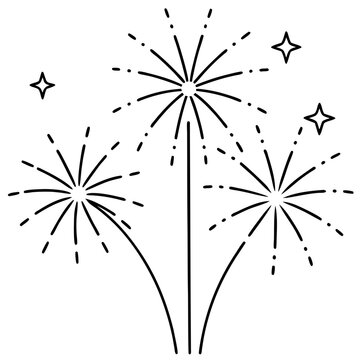 Simple hand drawn line art fireworks display with stars on white background
