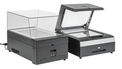 Compact Desktop Paper Scanner with Front Display isolated on transparent background