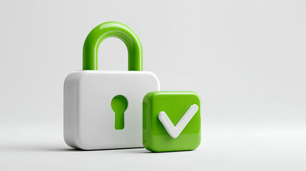 Computer security login form with password and padlock and green check mark 3d illustration isolated on white background. Secure access, cyber security, safety, protection concept