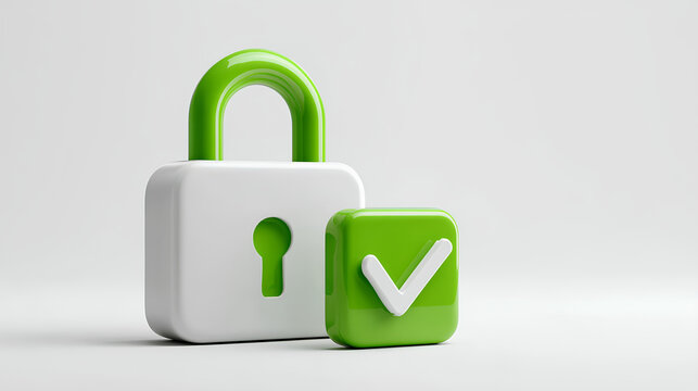 Computer security login form with password and padlock and green check mark 3d illustration isolated on white background. Secure access, cyber security, safety, protection concept