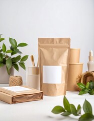 Blank eco-friendly packaging with products.