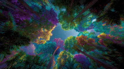 Surreal Fantasy Forest Canopy at Night with Glowing Multicolored Trees and Starry Sky – Dreamlike Nature Landscape Illustration