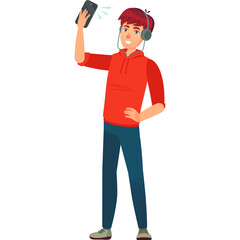 Cartoon illustration of a young man with headphones holding up a smartphone for a selfie with a smile on his face wearing a red hoodie and blue jeans standing on a white background