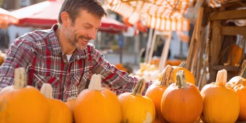 Smiling man buying pumpkins at farmer's market