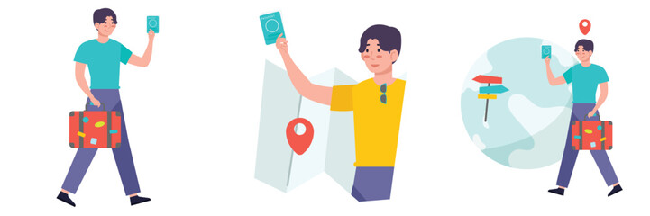 Flat Design Illustration. Enthusiastic young character holding passport, ticket, and luggage, ready for international travel.