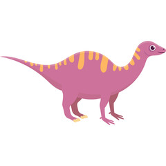 Pink dinosaur with yellow stripes and a long tail on a white background