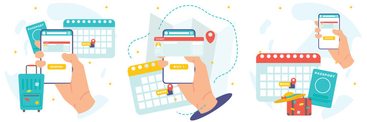 Flat Design Illustration. Ticket and accommodation booking app. Character organizing holiday travel with mobile calendar interface.