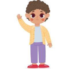 Cartoon illustration of a young boy with curly brown hair wearing a yellow plaid cardigan and purple pants waving hello with a friendly expression and rosy cheeks set against a transparent background
