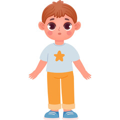 Cartoon illustration of a young boy with brown hair wearing a light blue t-shirt with a yellow star and orange pants standing against a white background