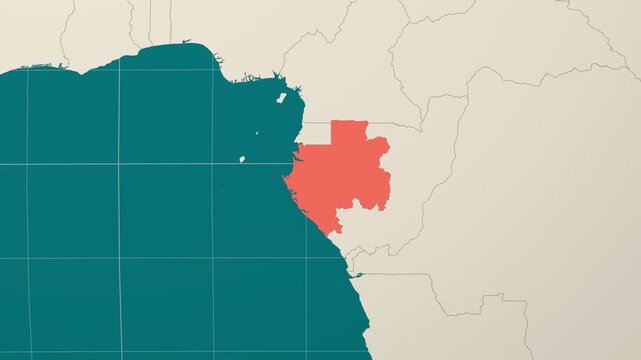 Gabon map. Animated zoom into the country on the Globe in Teal Pale Mint color palette. Country logo animation. Map with meridians, parallels. Captivating video.