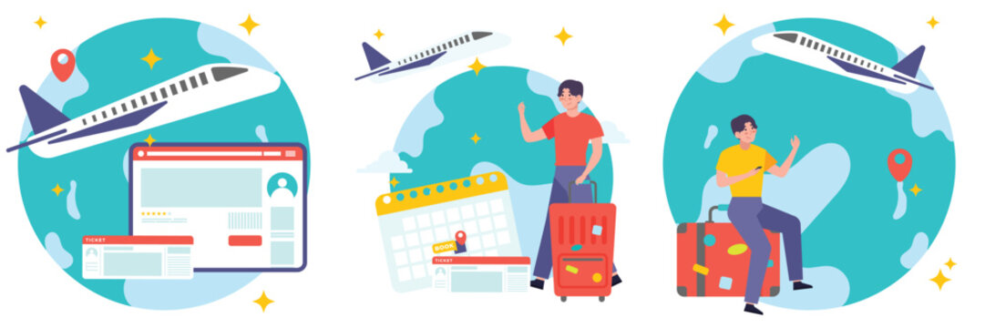 Character Illustration. Global travel planning and vacation reservation. People with luggage and website interface. Flat design for world trip.