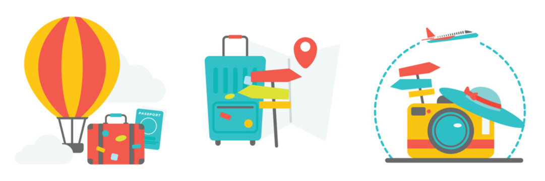 Flat Design Illustration. Global holiday trip planning with luggage, map, and hot air balloon. Travel character preparing for adventure.