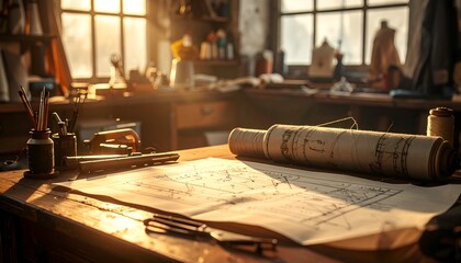A sunlit workshop filled with tools and blueprints, showcasing craftsmanship and creativity in progress