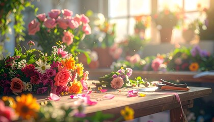 Vibrant flower arrangement in a sunlit workshop with scattered petals and gardening tools in the background