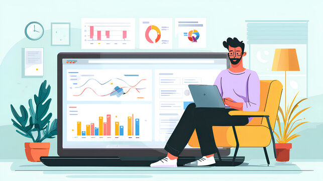 CRM for sales, Customer relationship management software concept. Businessman using laptop with sales control and monitoring software with client database.