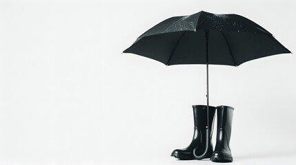 
Creative banner for seasonal autumn project. Black rubber boots under black umbrella on white isolated background with copy space.