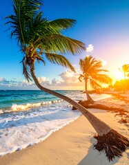 Tropical beach scene featuring palm trees, waves, and a sunny sky